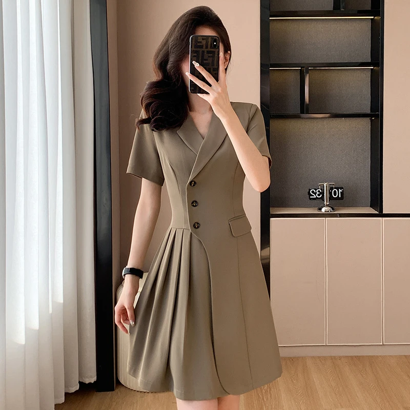 咖色长款连衣裙女夏季新款小个子通勤女神范气质修身职业装连衣裙