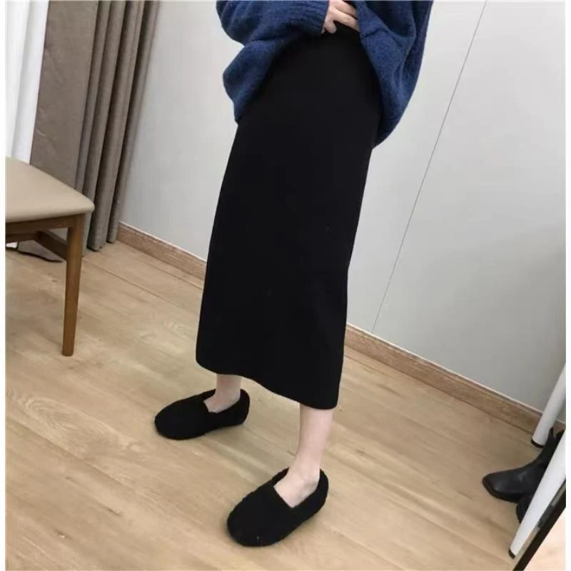 加厚黑色毛呢西装半身裙女秋冬休闲高腰显瘦开叉a字一步包臀长裙+