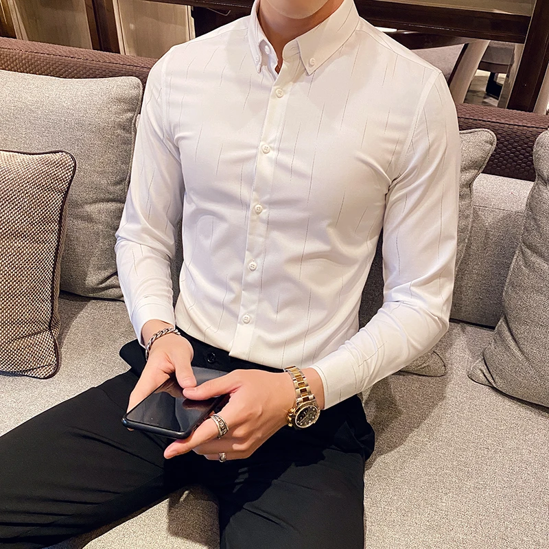 【视频同款流星雨条纹衬衫】扣领长袖打底衫商务休闲修身纯色男衬衣