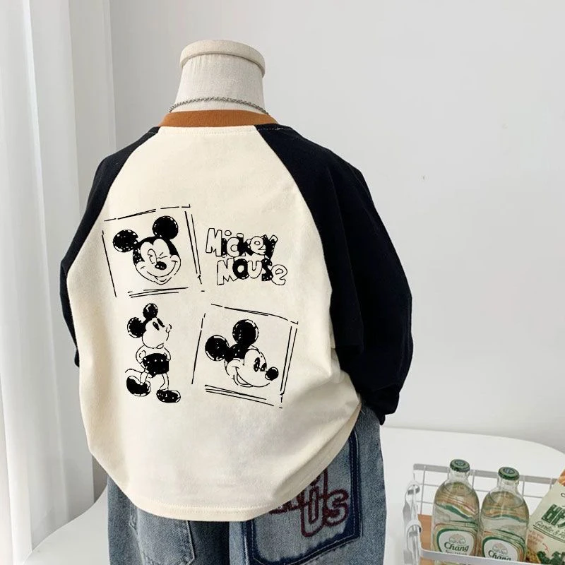 儿童秋款长袖T恤米奇老鼠卡通插肩袖打底衫男童薄款纯棉宽松上衣T