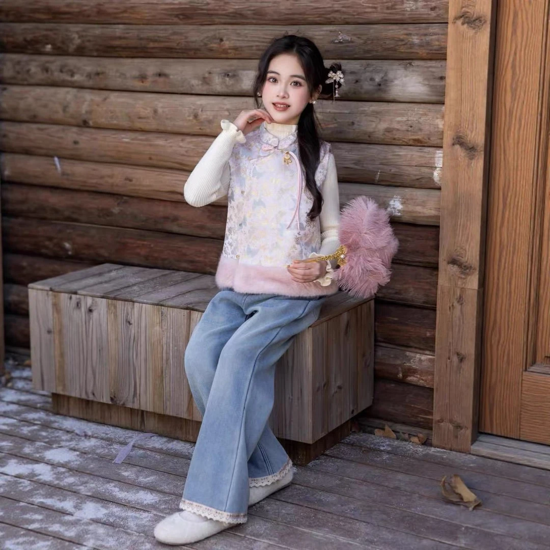 女童新款加绒国风中式马面裙套装冬季拜年服复古时尚中国风秋冬