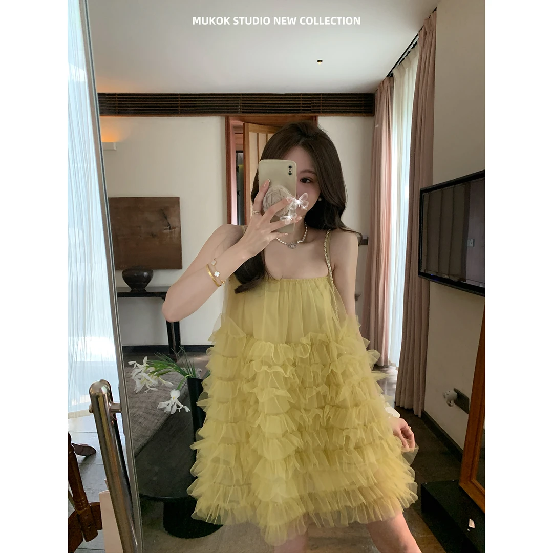 MUKOK  网纱吊带连衣裙超仙度假A字中长裙