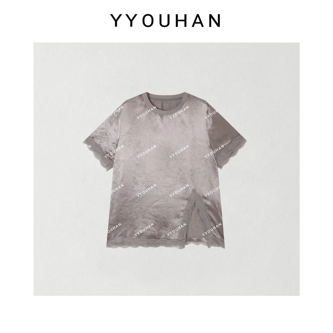 YYOUHAN 2025夏款极简蕾丝拼接显白百搭醋酸T恤 2505C2392