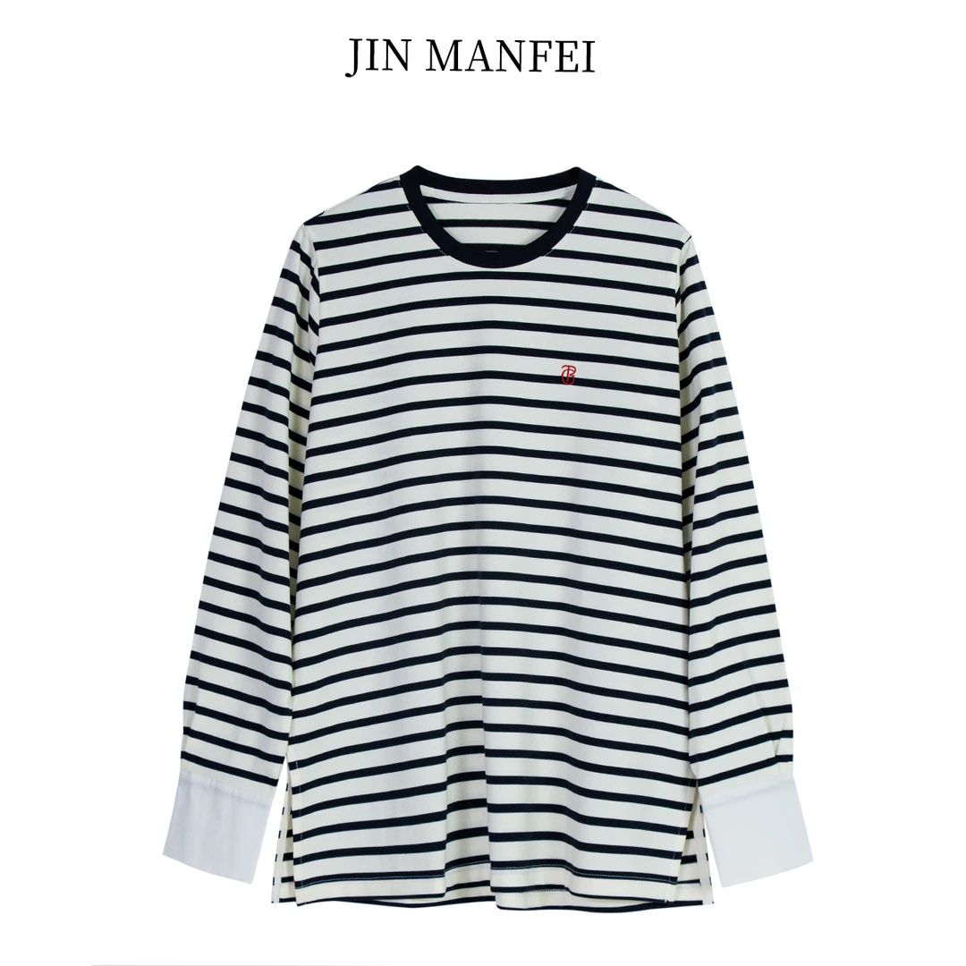 金曼妃2025春季新款条纹休闲女上衣长袖T恤大码微胖休闲打底衫
