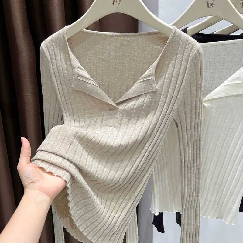燕麦色新款长袖半开领针织T恤2025秋季新款修身显瘦基础款打底衫