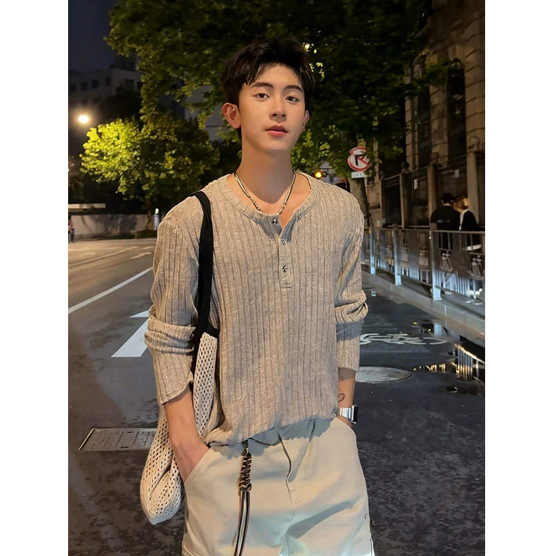 老钱风亨利领长袖T恤男女款秋季纽扣坑条无帽卫衣cleanfit打底衫