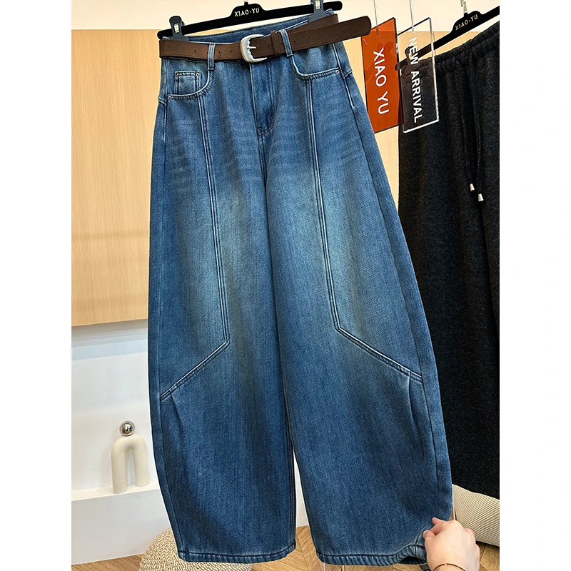 冬季复合绒新款高腰宽松无弹美式弯刀裤牛仔裤女裤子显瘦长裤