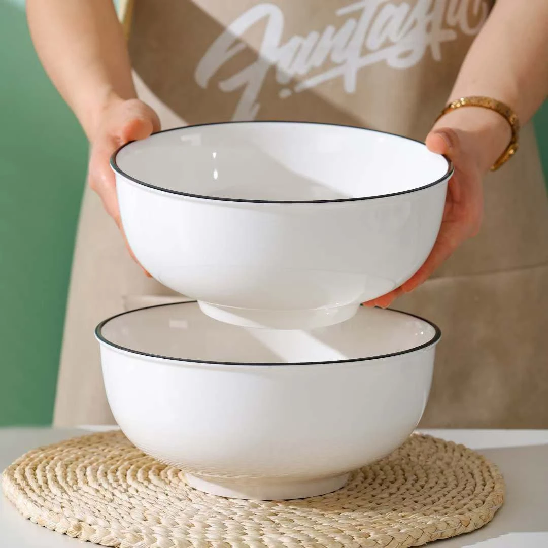 家用大号简约创意面汤碗纯色黑边大碗简约风餐具陶瓷个性可微波