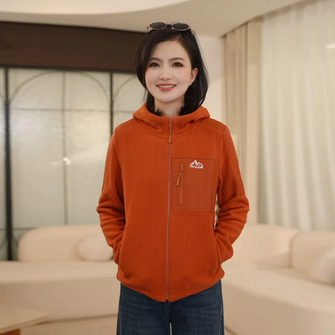 枫竺阿楠anan百搭连帽拼接可调节下摆绣花摇粒绒外套女秋冬季卫衣