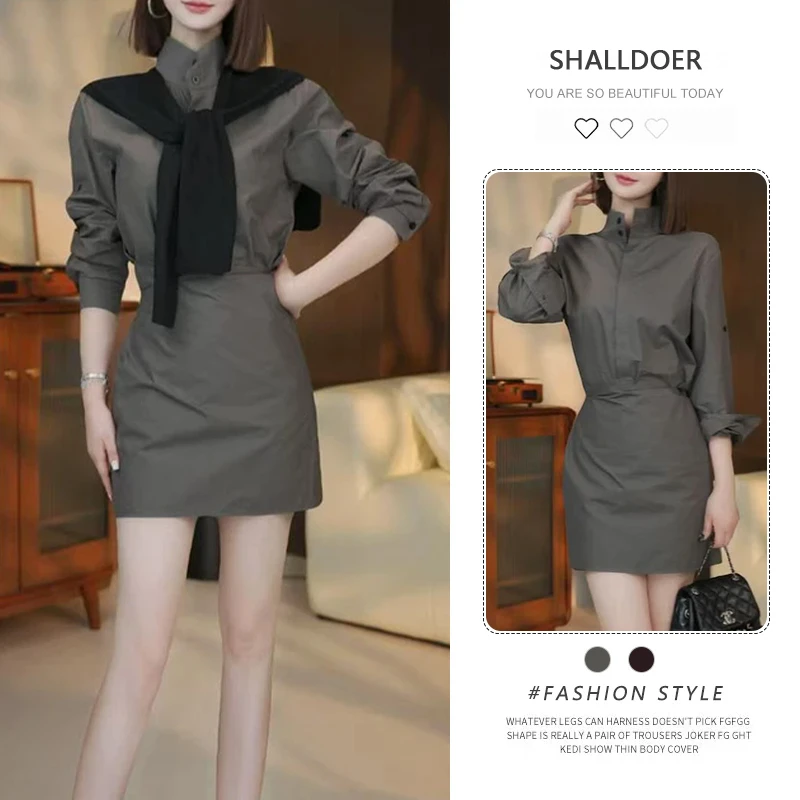 法式立领披肩长袖衬衫连衣裙女2025春秋新款宽松显瘦百搭A字短裙