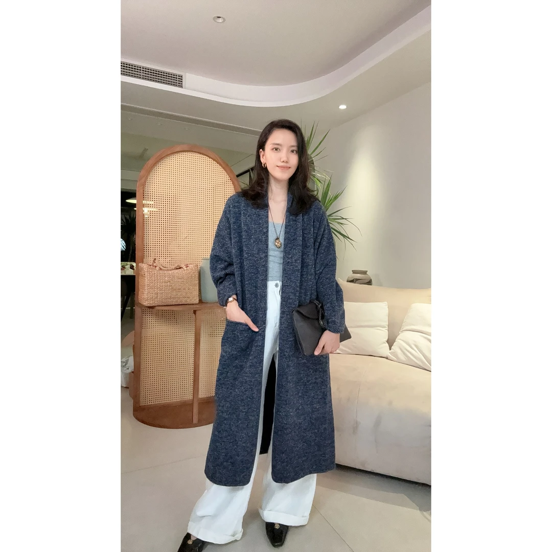 秋冬纯羊毛针织开衫女中长款宽松慵懒风过膝外搭毛衣外套披肩上衣