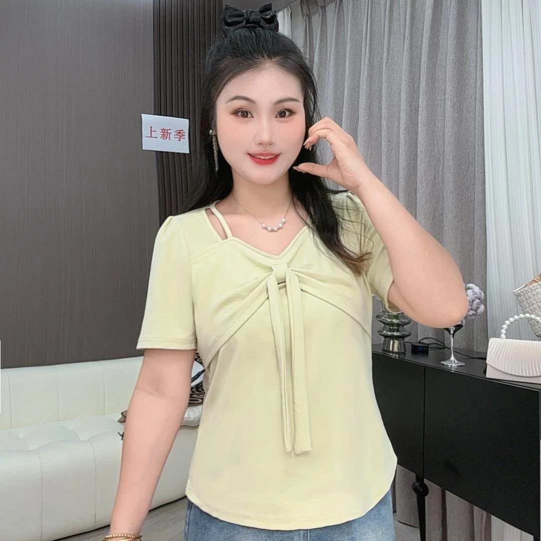 法式蝴蝶结飘带V领显瘦短袖新款大码女装2025夏季设计感时尚T恤
