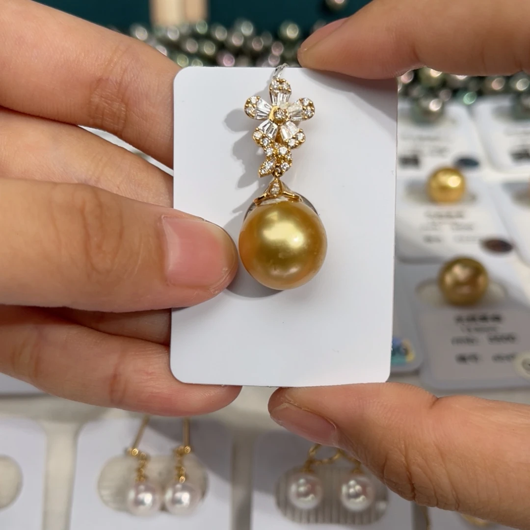 南洋金珠18K金镶嵌海水珍珠茶金13-13.5mm