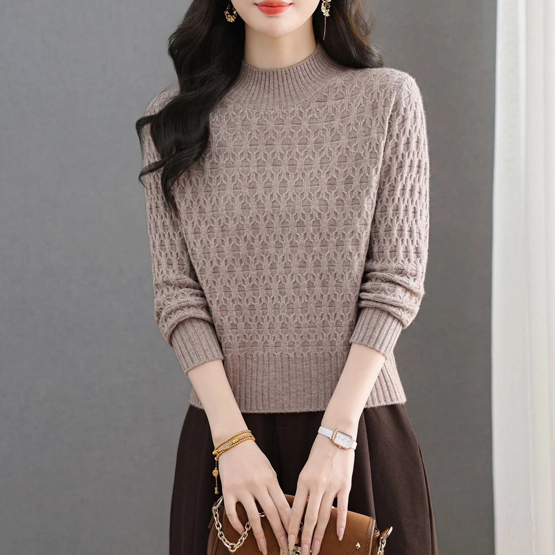半高领针织打底衫2025新款女士秋冬洋气提花宽松毛衣内搭短款上衣