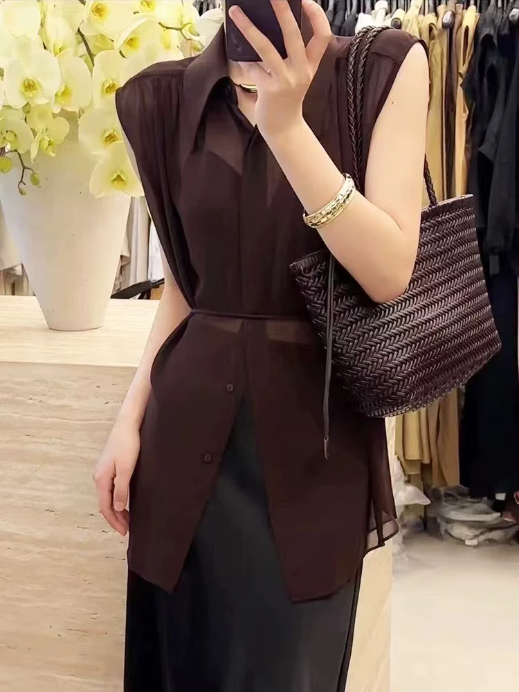 高级感翻领系带无袖衬衫女夏款2025新款爆款收腰显瘦气质上衣