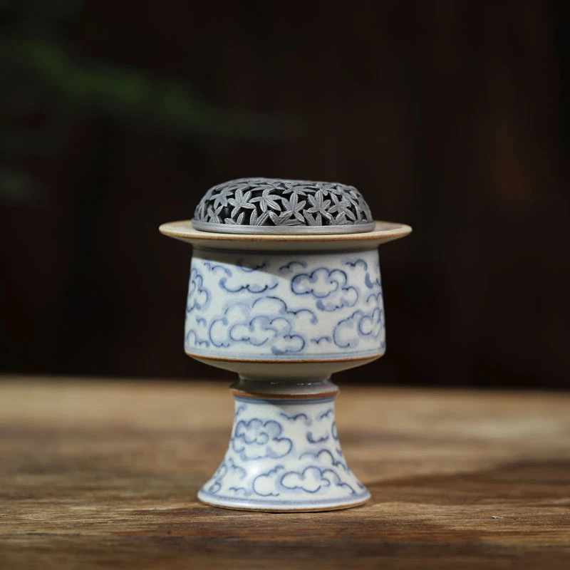 【叁山】祥云高脚香炉(叶子图案的盖子)（朴炉0003）
