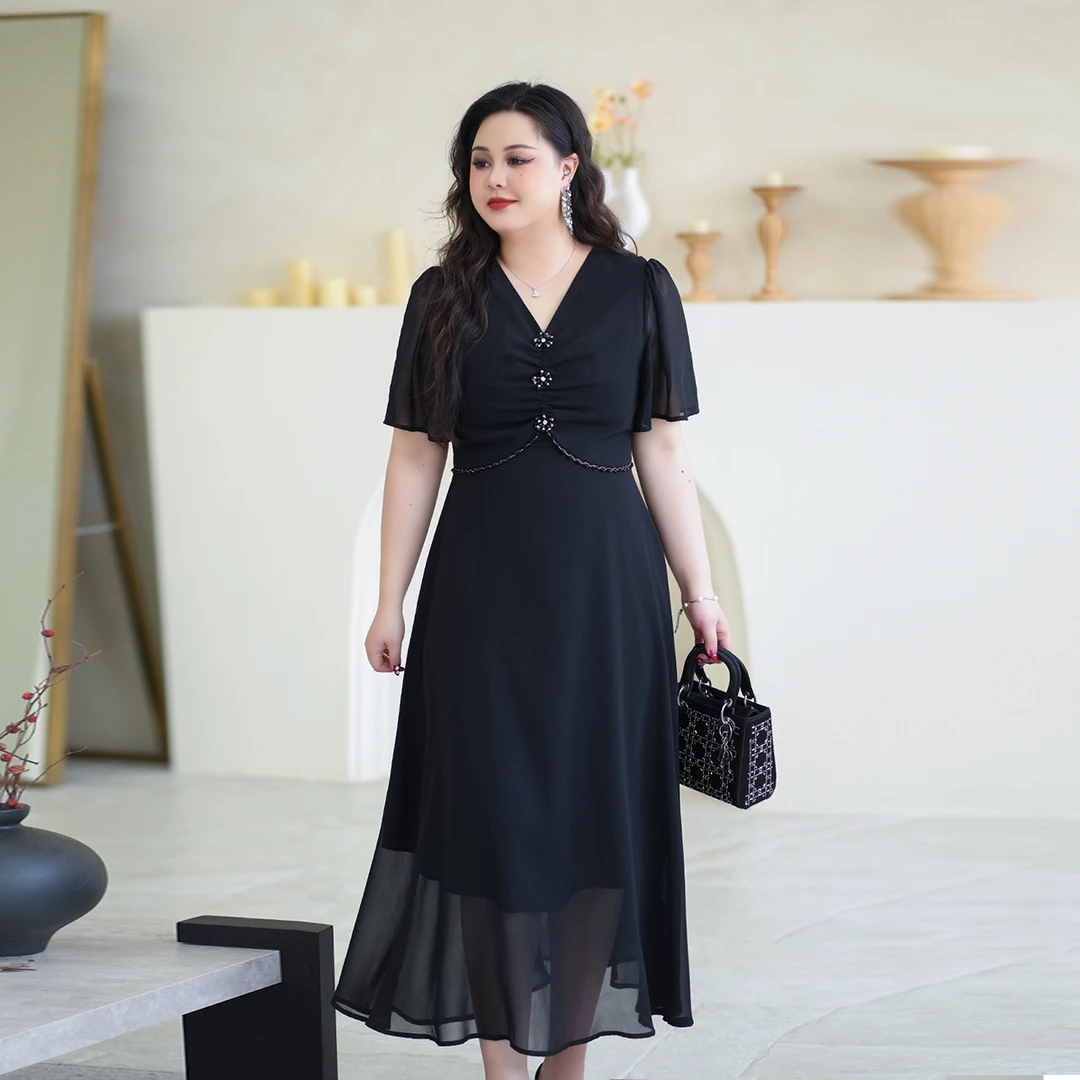 【黑夜幻想】大码女装连衣裙2025夏季新款遮肚显瘦气质V领雪纺裙子