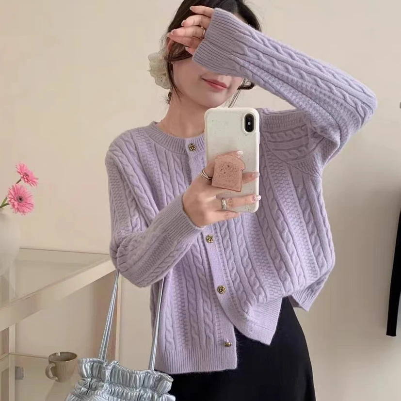 圆领韩版宽松外套女毛针织衫韩系麻花针织开衫长袖百搭秋冬上衣