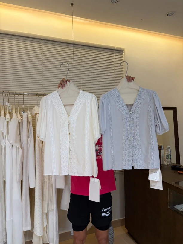 27753夏装新款蕾丝泡泡袖小衫衬衫 1998  衣长61