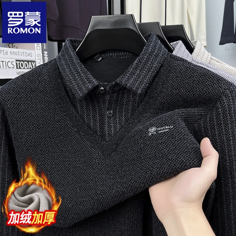 罗蒙假两件针织衫男士冬季加绒加厚休闲男打底上衣高端衬衫领毛衣