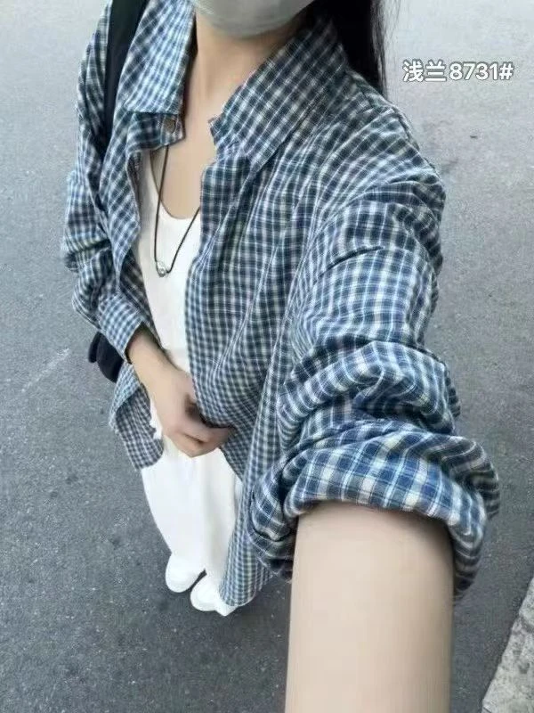 女装上衣衬衫长袖宽松薄款格子8731