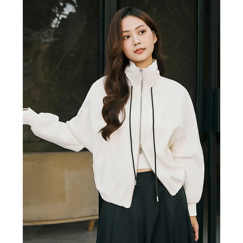 莱芙·艾迪儿春秋长袖运动白色休闲百搭宽松立领拉链衫1V1W53154