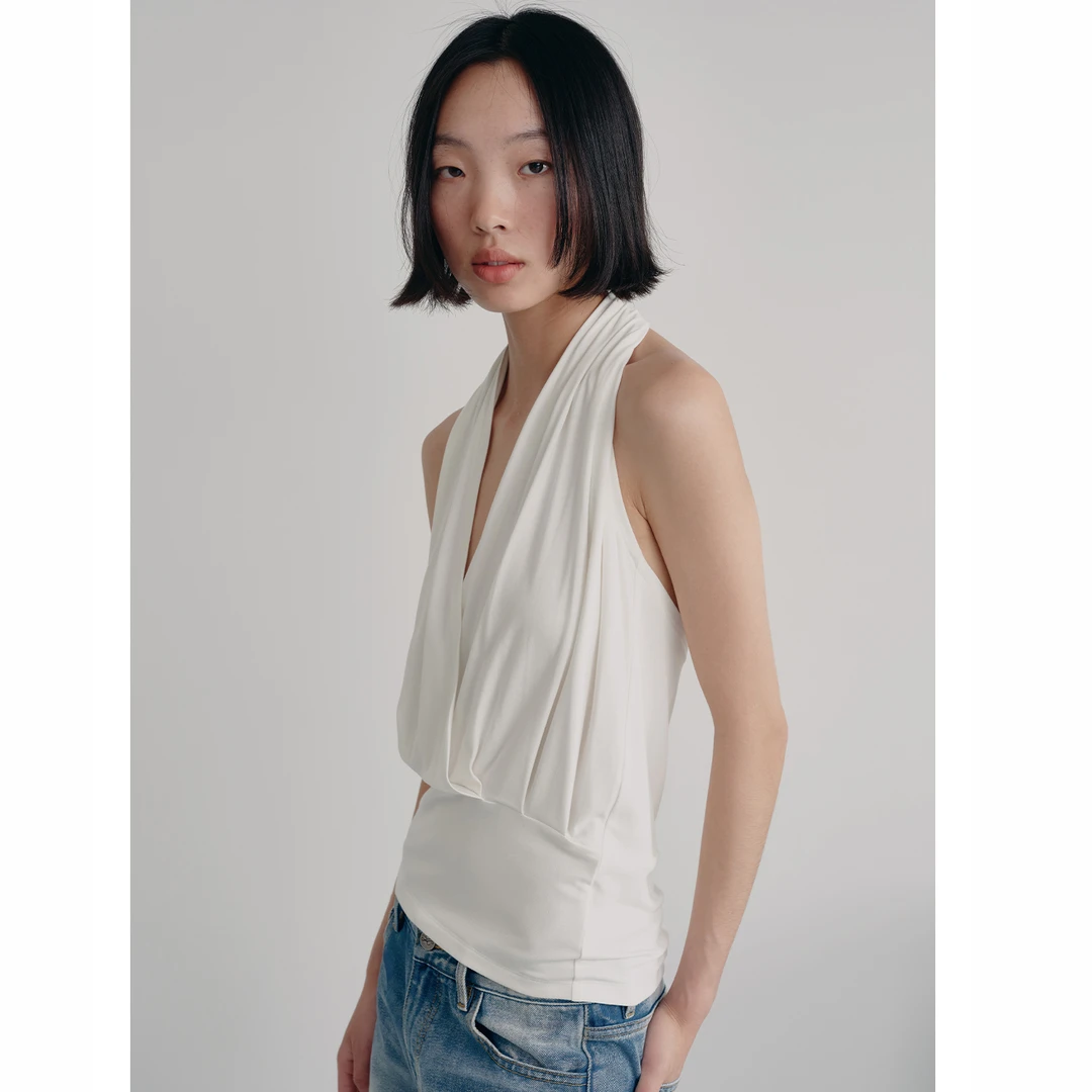 辣妹深V挂脖t恤女夏季交叉褶皱无袖背心修身露背上衣