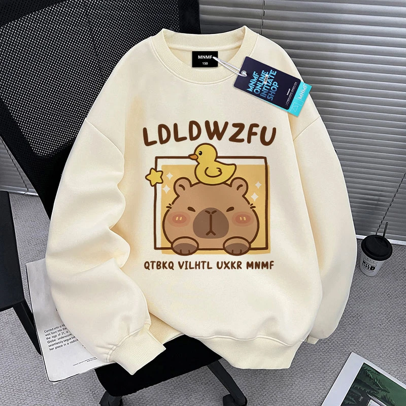 秋冬2025新款男女童加绒圆领卫衣可爱卡皮巴拉宽松百搭上衣中大童