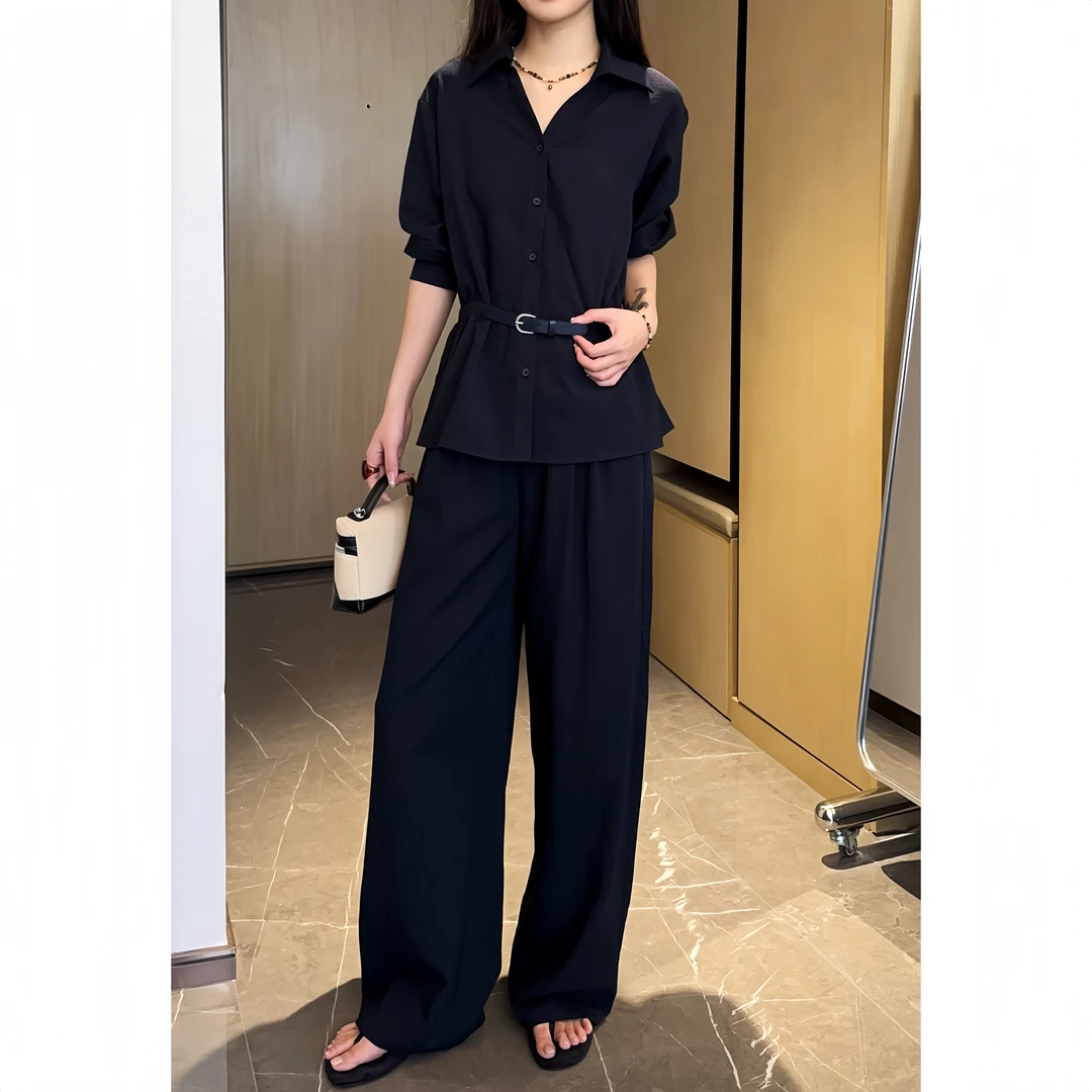 老钱风时尚套装女藏蓝色长袖衬衫+宽松阔腿裤休闲两件套