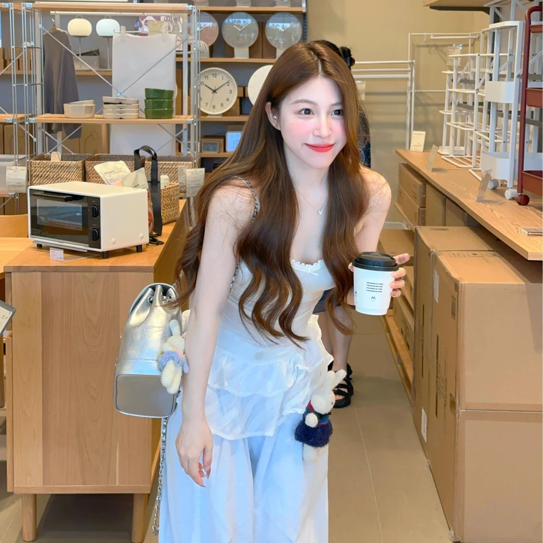 芭蕾风下摆花边吊带背心女装2025夏季性感V领修身打底衫无袖上衣