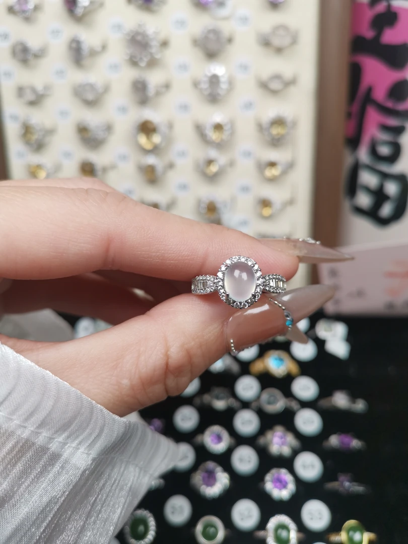 岫玉白冰S925银镶嵌戒指