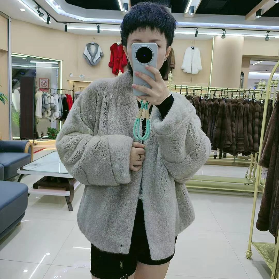新款进口水貂大衣女短款 V 领蝙蝠袖全挖削