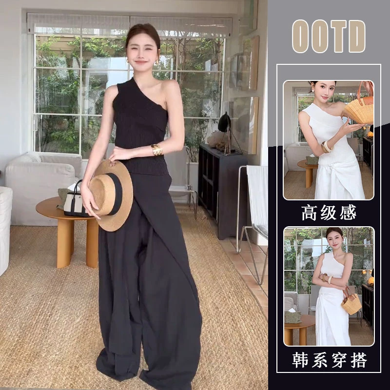夏日绝美套装穿搭女新款斜肩针织无袖上衣高级感阔腿休闲裤两件套