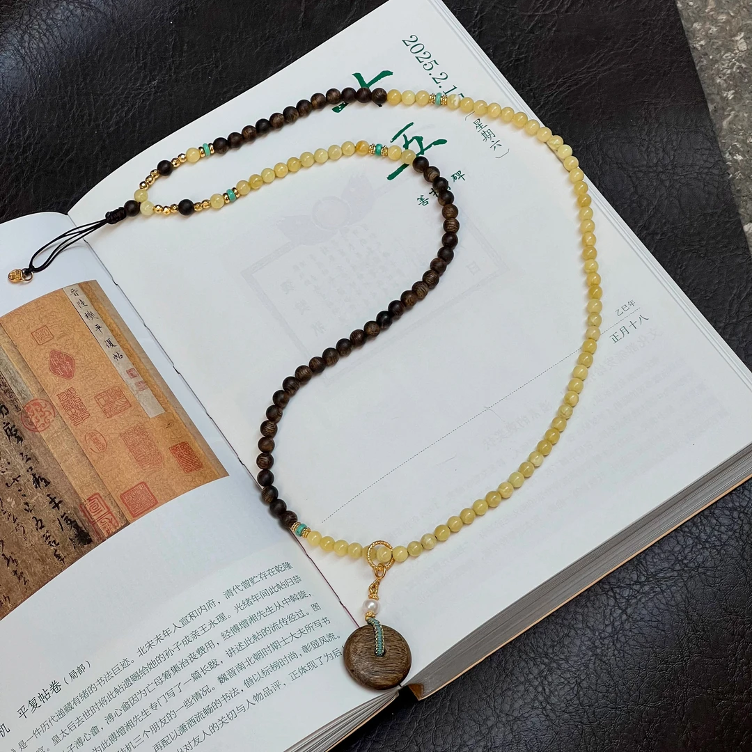 【晨露】奇楠沉香沉水浮圆珠多圈白花蜜蜡05mm平安扣项链设计款手串