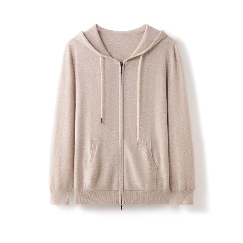 精纺100%纯山羊绒衫男士连帽开衫100%毛衣薄外套拉链带兜