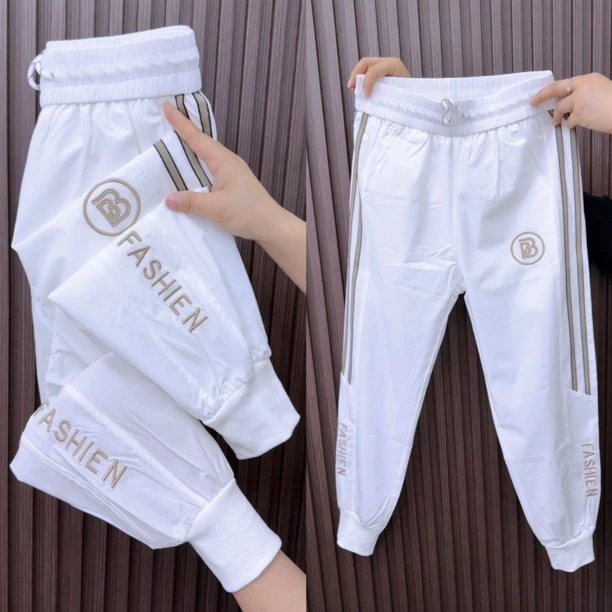 2523女速干刺绣松紧腰休闲绿色薄款高腰显瘦洋气百搭哈伦透气运动