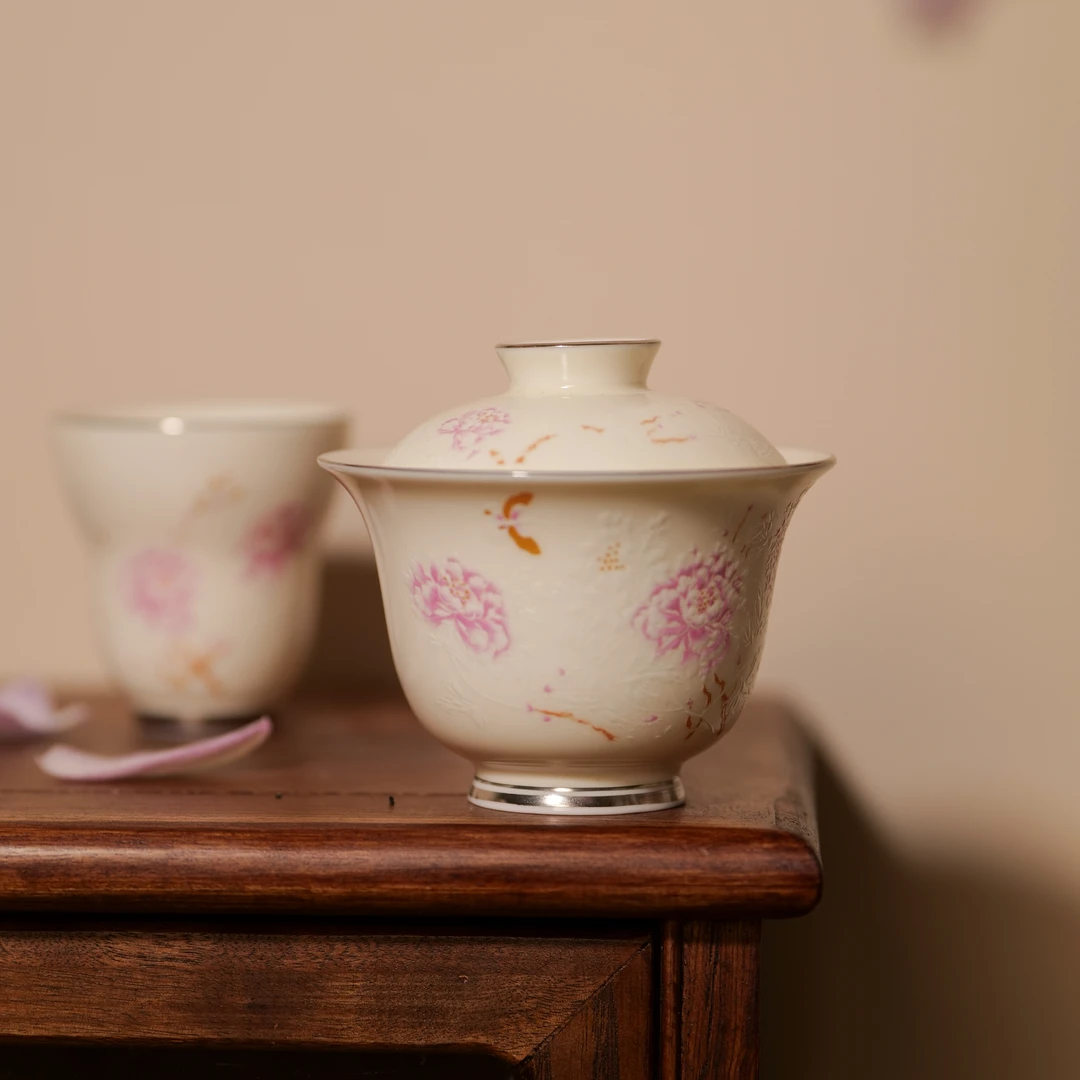 ZC0012 山怂展瓷 杏黄蝶恋花-描白金 二才盖碗