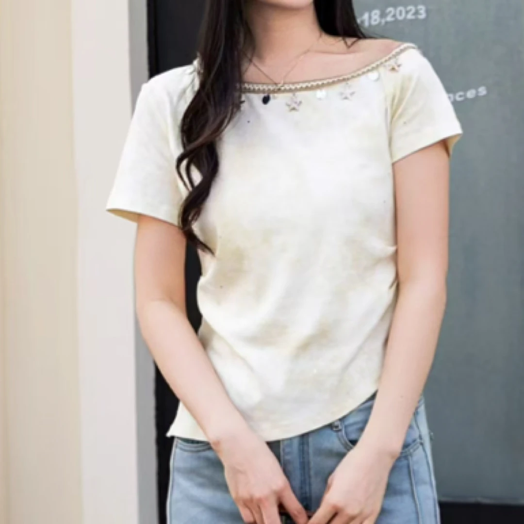 25606#【衣长52】短袖纯色印花T恤修身打底衫百搭简约上衣