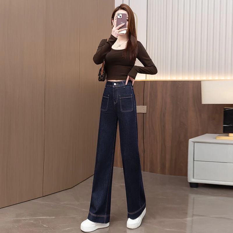 时尚百搭浅蓝色高腰显瘦阔腿牛仔裤直筒垂感无弹休闲长裤女春夏