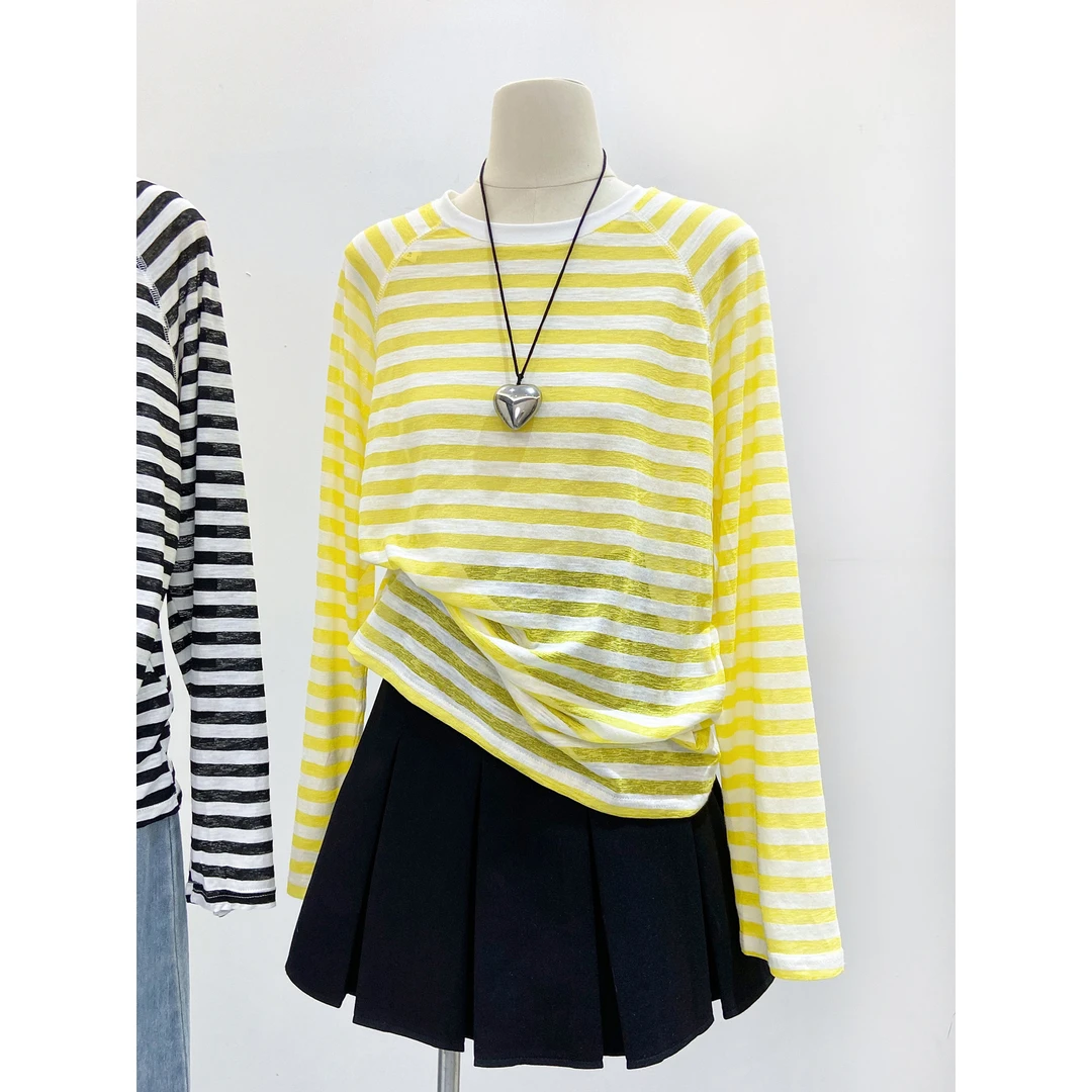 防晒罩衫女2025夏季新款日系清新黄色多巴胺显白圆领长袖上衣T恤