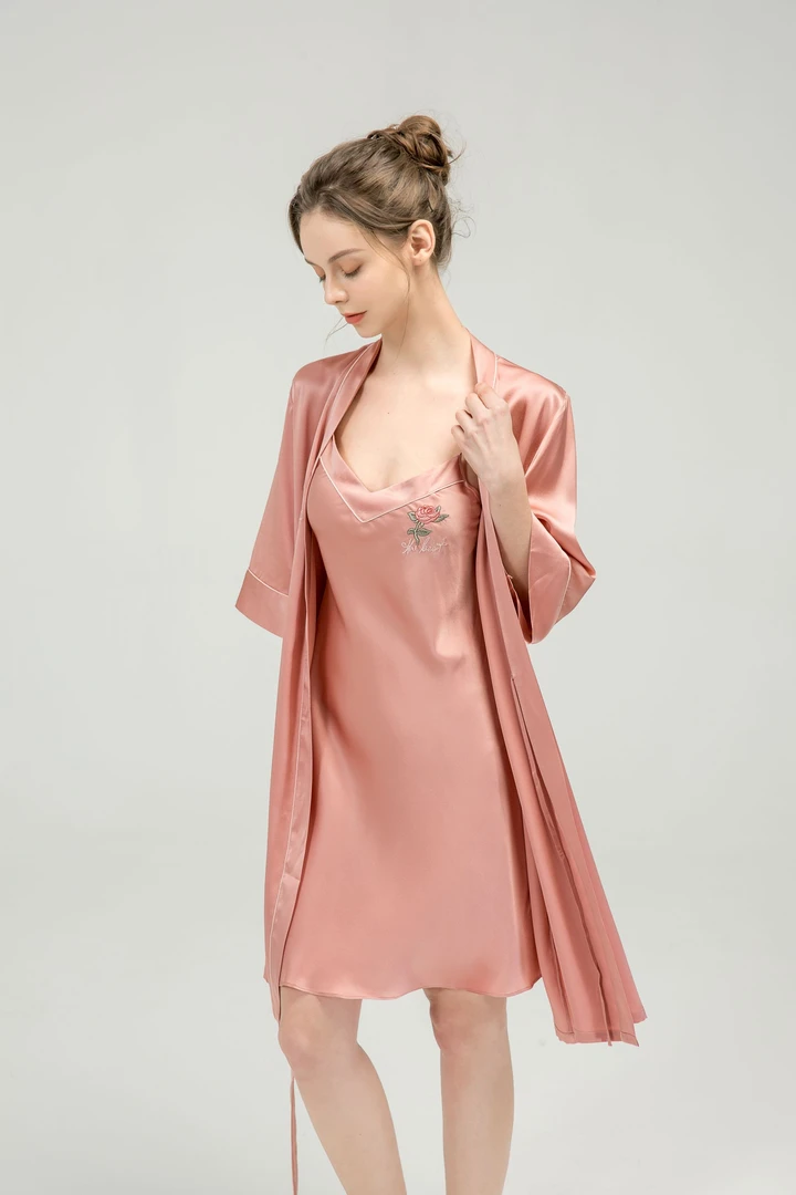 法式玫瑰刺绣真丝睡衣吊带睡袍长袖裤两件套装温婉桑蚕丝家居服