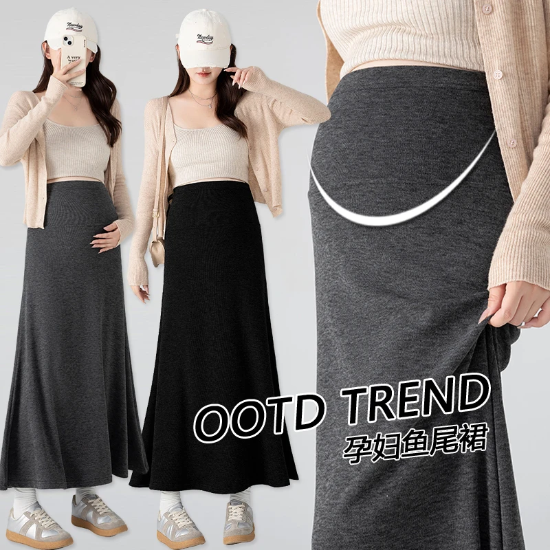 舒适糯米孕妇半身裙秋季高腰托腹中长款a子裙春秋休闲显瘦鱼尾裙
