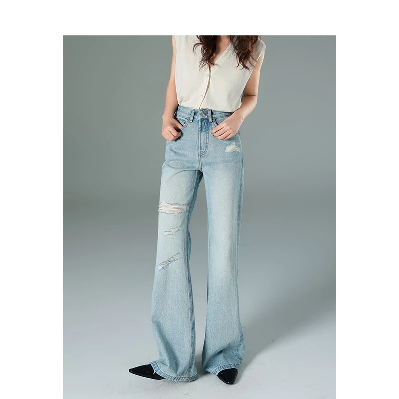 ADI爱典 破洞直筒微喇牛仔裤女 夏季拖地手工磨毛破洞浅慵懒极简