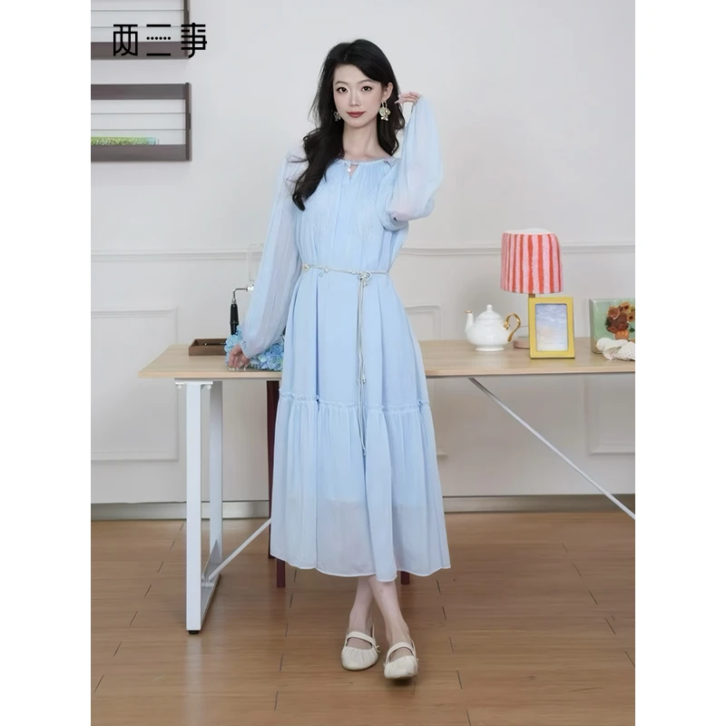 两三事梵高文艺鸢语潮汐2025夏季新款优雅透视拼布刺绣绑带连衣裙