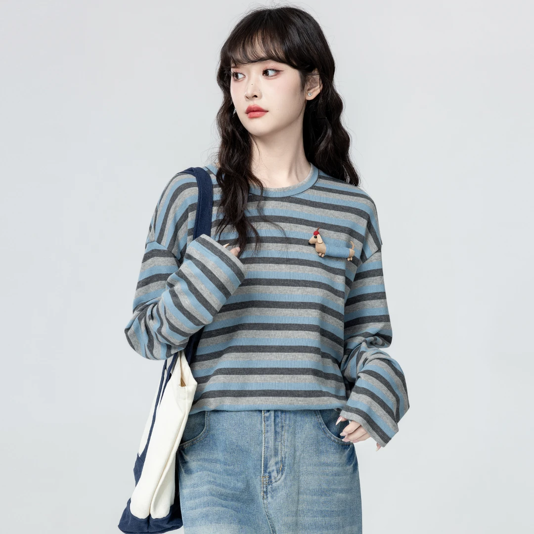 蓝色条纹圆领长袖T恤女春秋2025早秋季新款撞色宽松慵懒单穿上衣