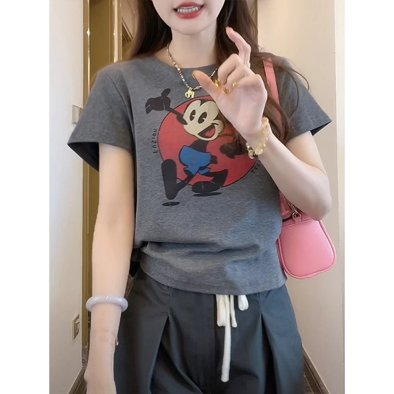 美式灰色卡通印花T恤女2025夏季新款宽松时尚圆领半袖打底衫上衣