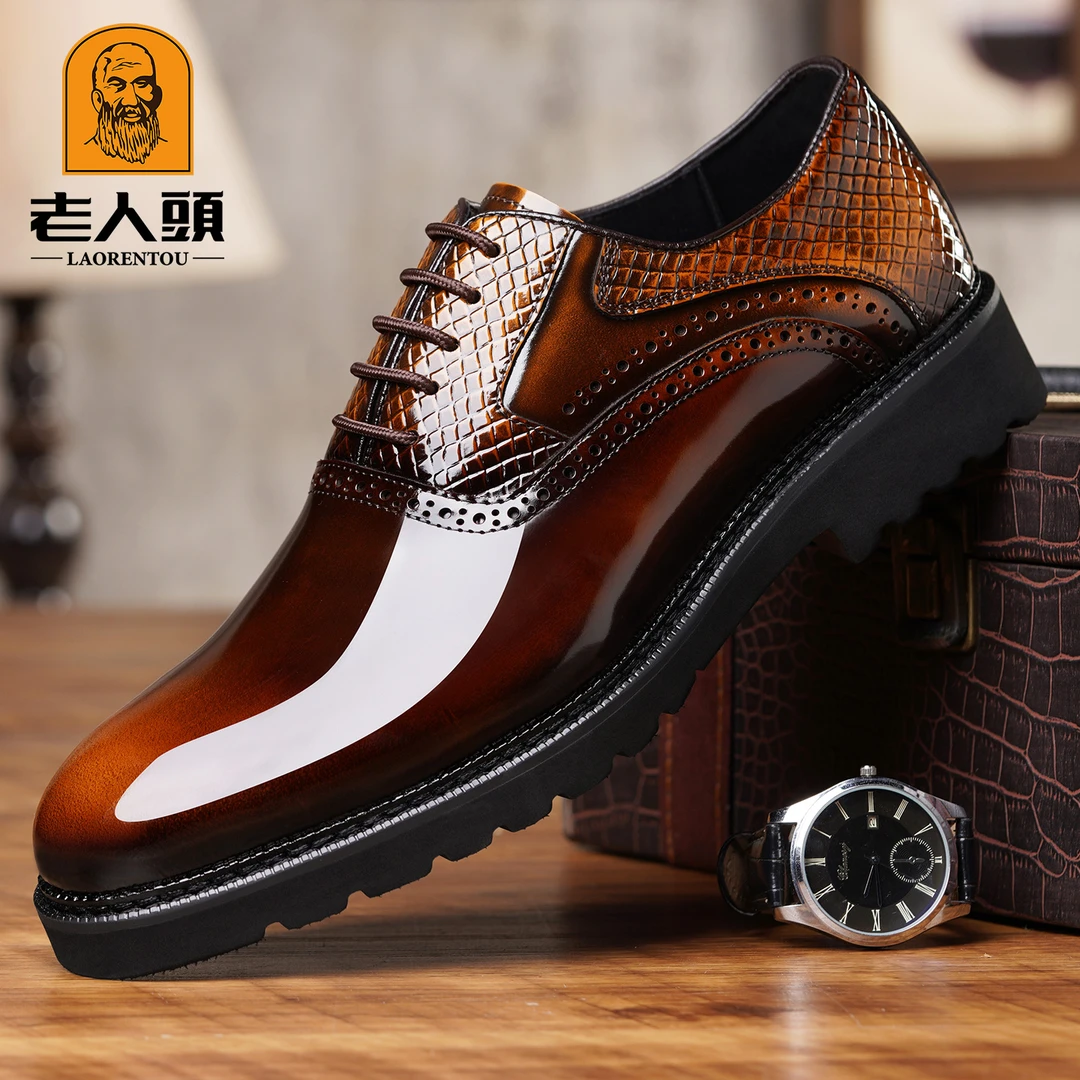 老人头商务皮鞋男士秋季新款真皮鳄鱼纹压花正装德比鞋厚底结婚鞋