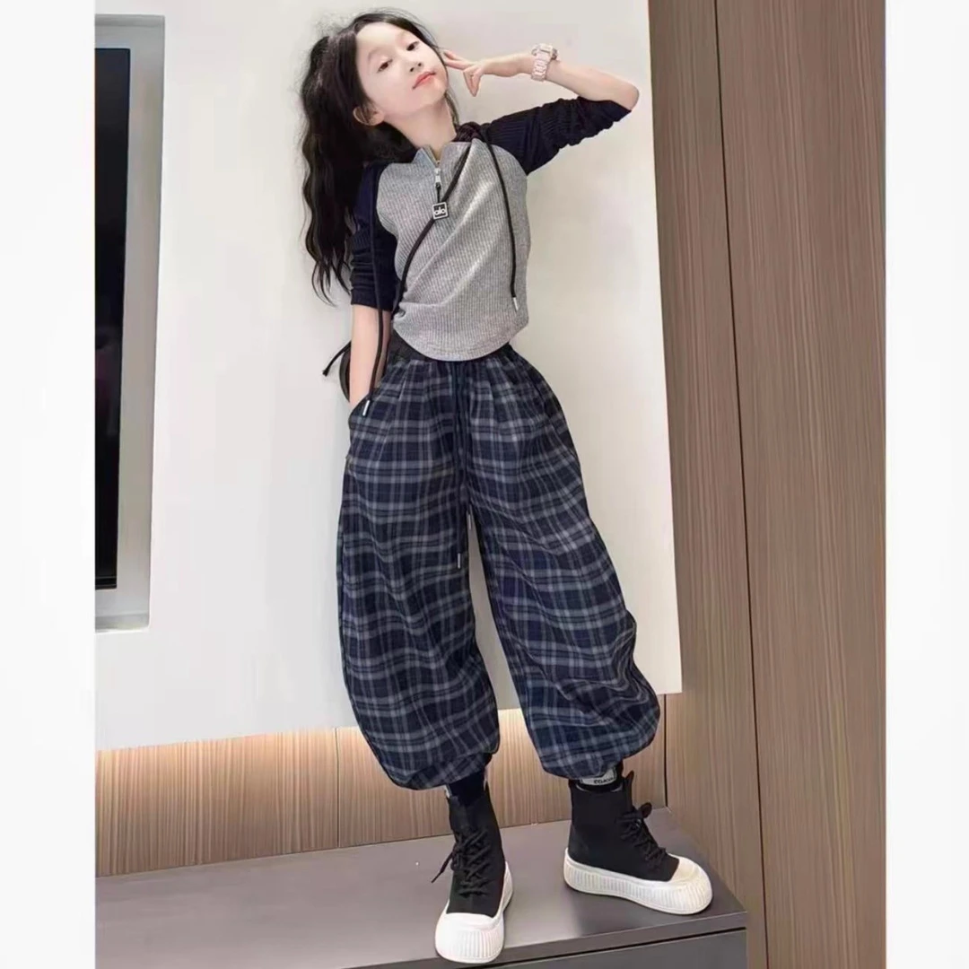 女童韩系套装2026新款儿童洋气连帽针织衫中大童春秋季格子裤童装