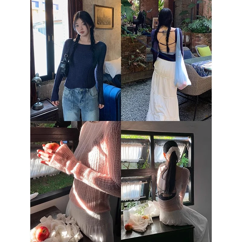 【秋秋清仓】春季新款羊毛混纺纯欲辣妹露背绑带长袖显瘦毛衣10196#