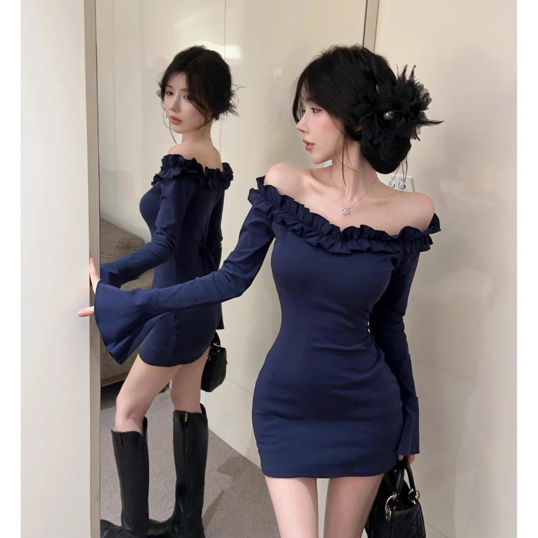春季气质荷叶边一字肩连衣裙女喇叭袖短裙长袖裙子修身性感包臀裙